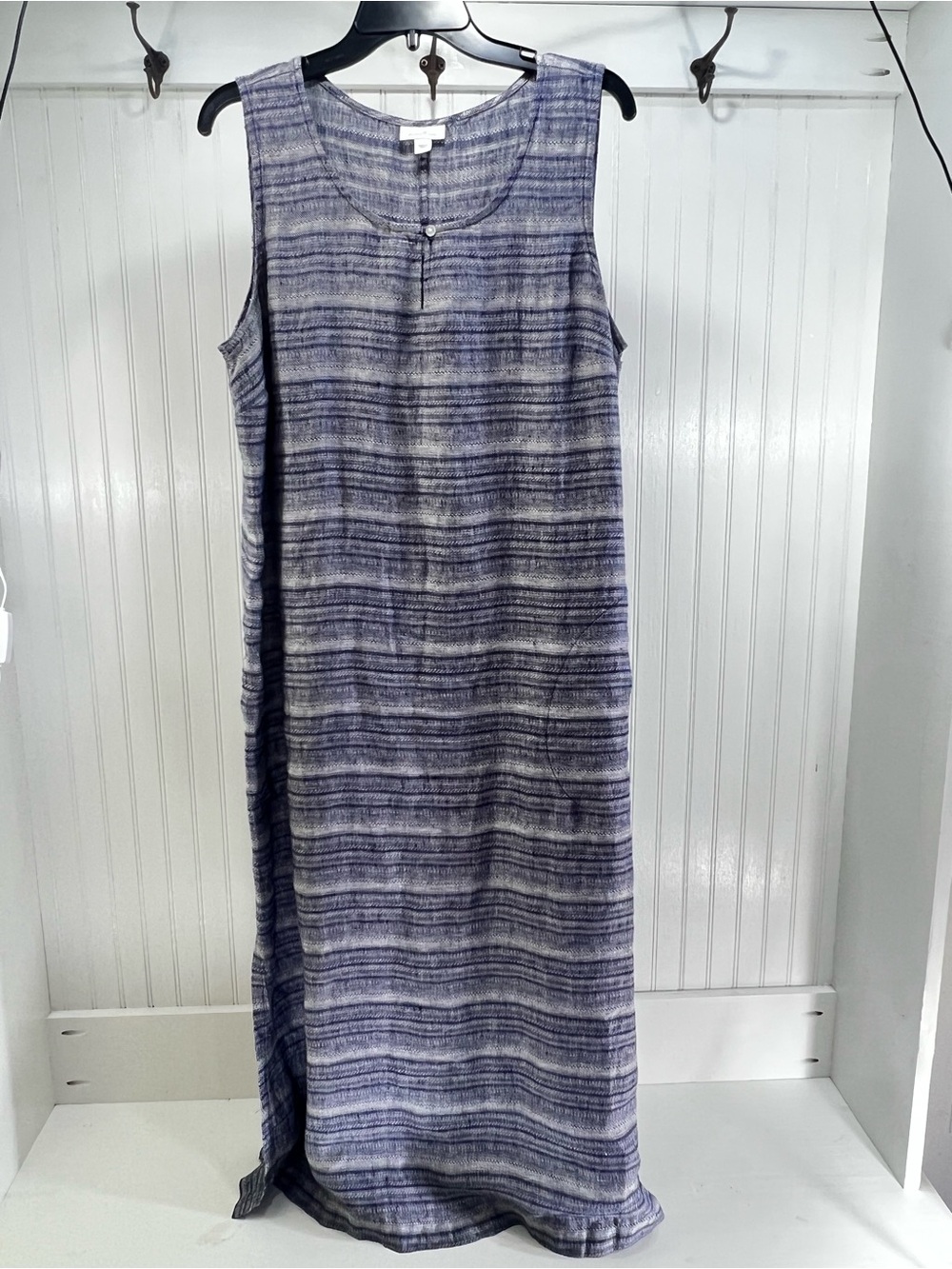 Pure Jill Sleeveless Linen Navy Blue Striped Maxi Dress Lagenlook Size L